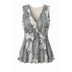 Michael Kors XL Paisley Sleeveless Blouse Blue Gray Peplum Top V Neck Tank